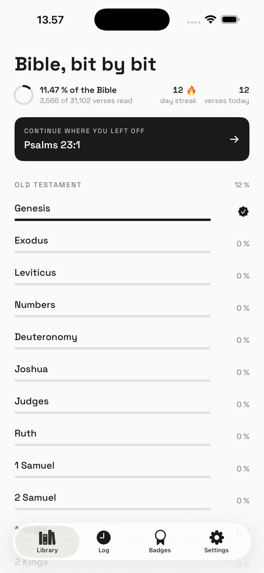 Bible Bit By Bit — home screen with reading progress