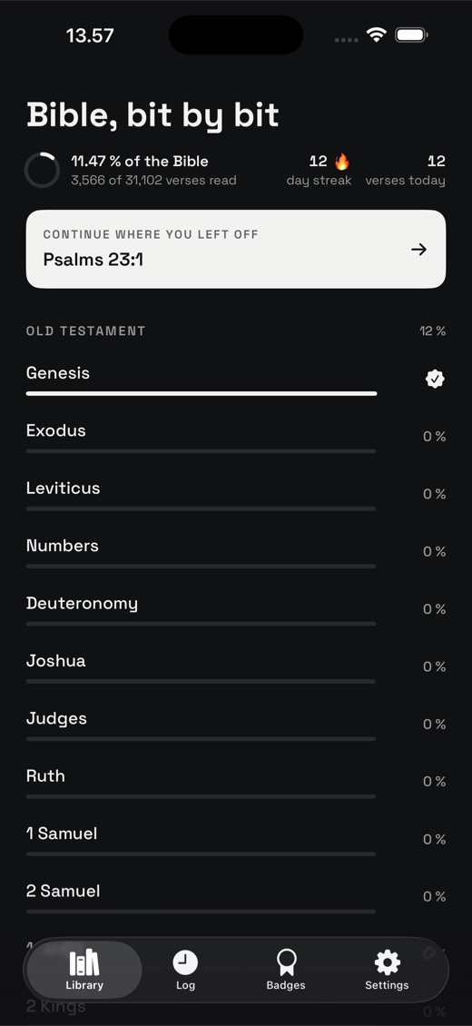 Bible Bit By Bit — home screen in dark mode